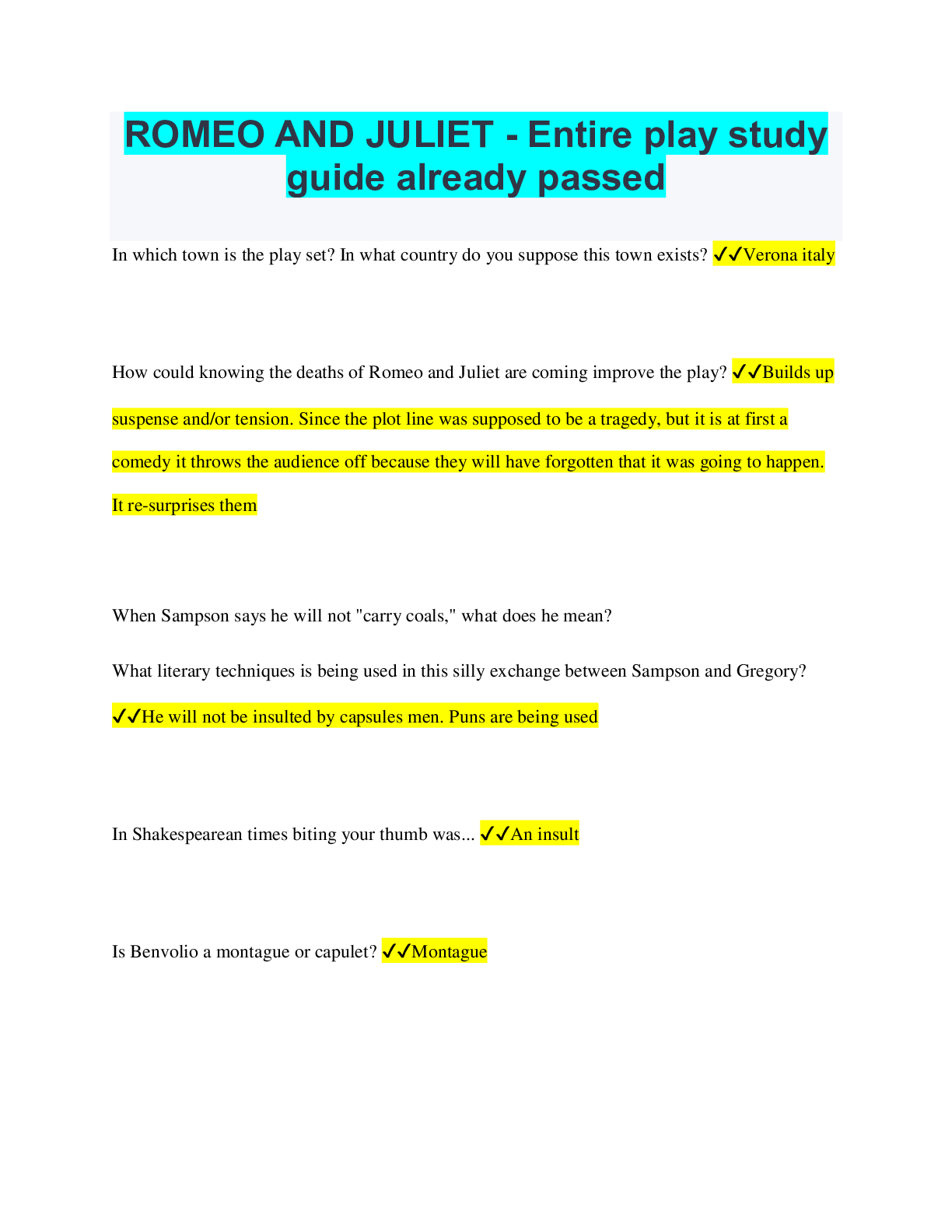 Preview of ROMEO AND JULIET - Entire play study guide already passed